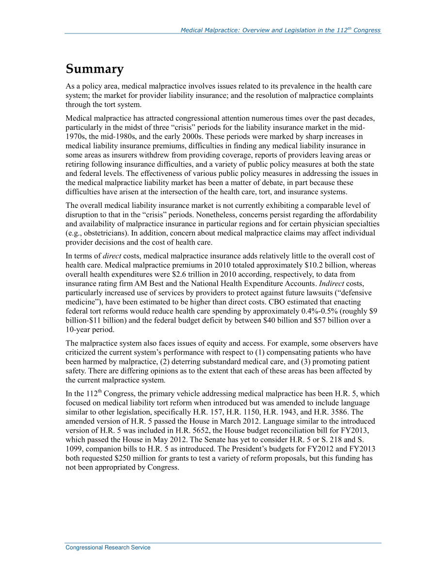 [20120618]R41693_医疗事故：第112届国会概况与立法.pdf_第2页