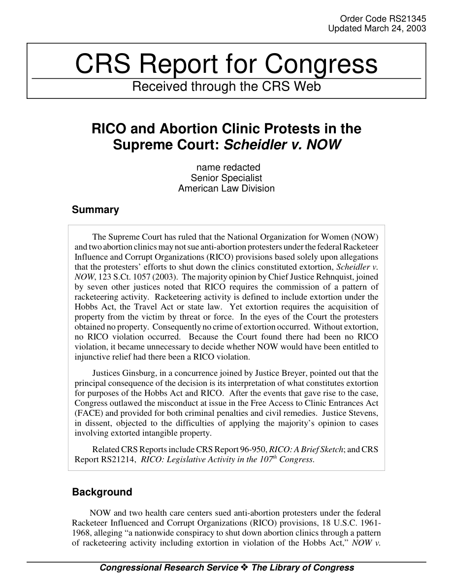 [20030324]RS21345_RICO和堕胎诊所在最高法院的抗议：Scheidler诉NOW.pdf_第1页