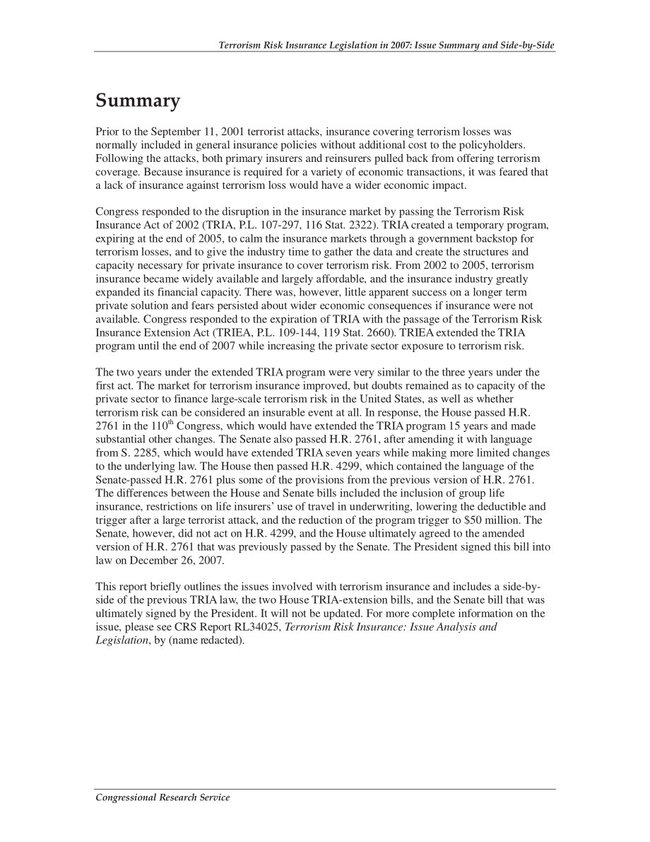 [20080115]RL34219_2007年恐怖主义风险保险立法：问题摘要和并排.pdf_第2页