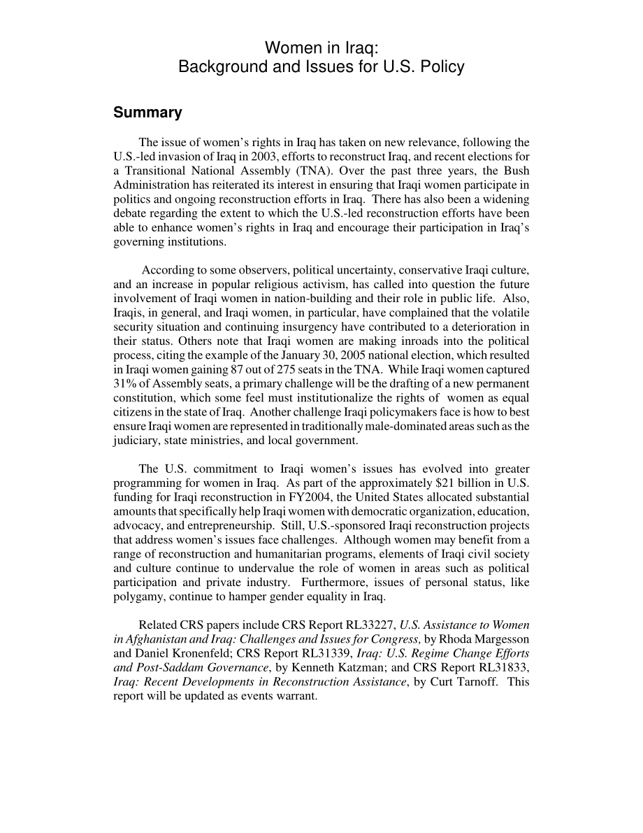 [20060313]RL32376_伊拉克妇女：美国政策的背景和问题.pdf_第2页