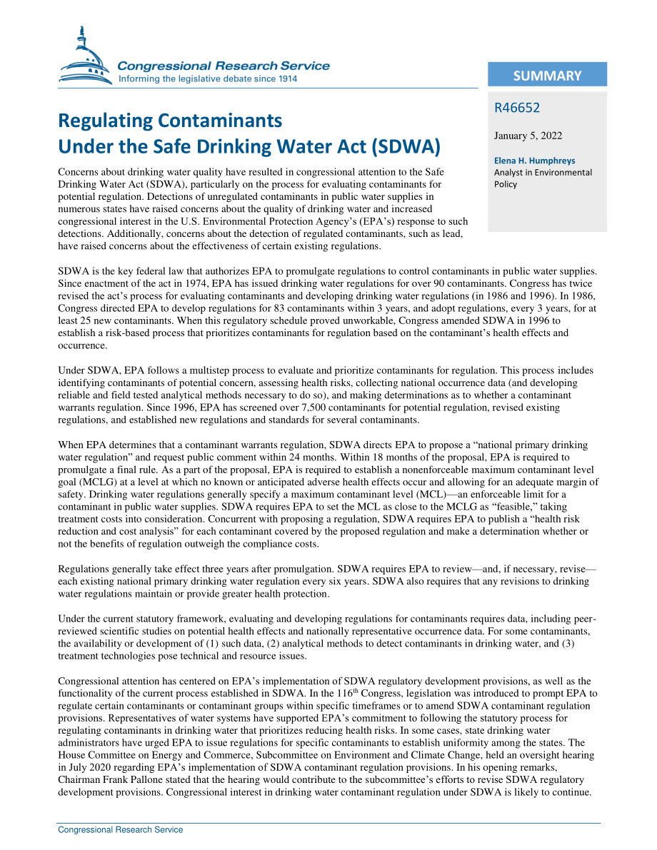 [20220105]R46652_根据《安全饮用水法案》（SDWA）管理污染物.pdf_第2页
