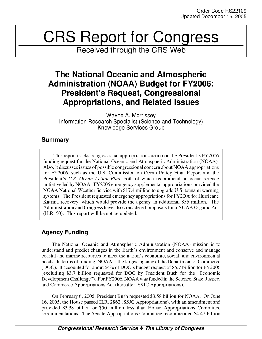 [20051216]RS22109_国家海洋和大气管理局（NOAA）2006财年预算：总统的要求、国会拨款和相关问题.pdf_第1页