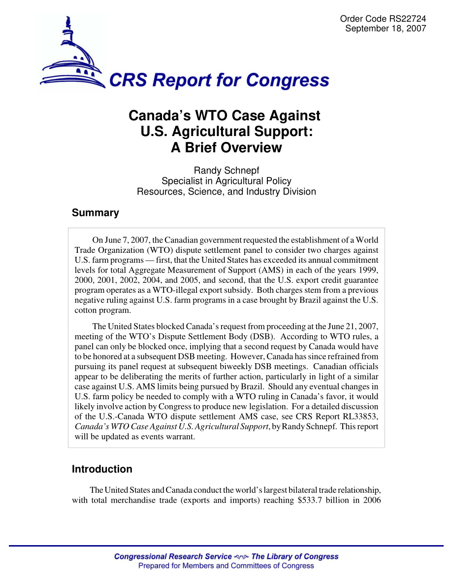 [20070918]RS22724_加拿大对美国农业支持的WTO案例：简要概述.pdf_第1页