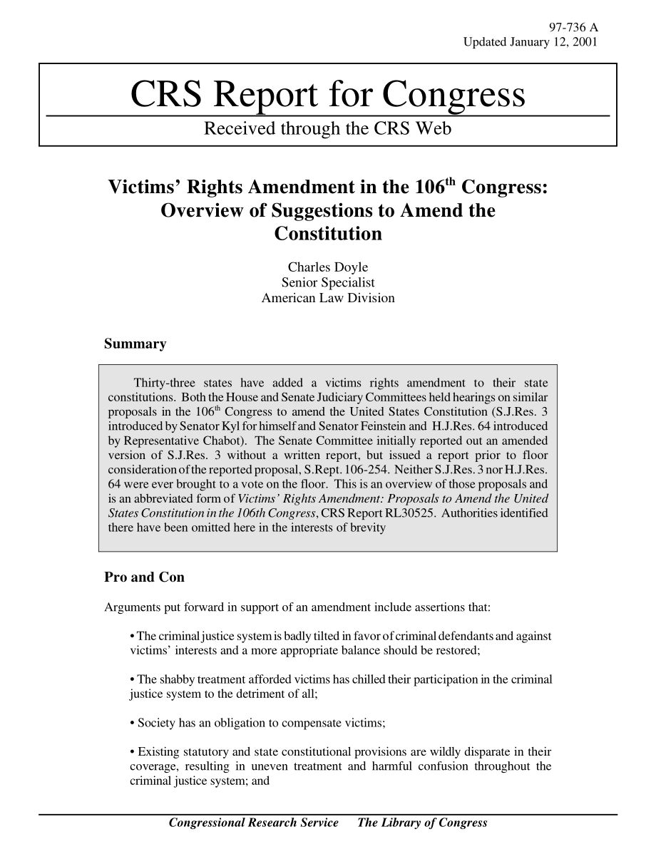 [20010112]97-736A_第106届国会受害者权利修正案：宪法修改建议概述.pdf_第1页