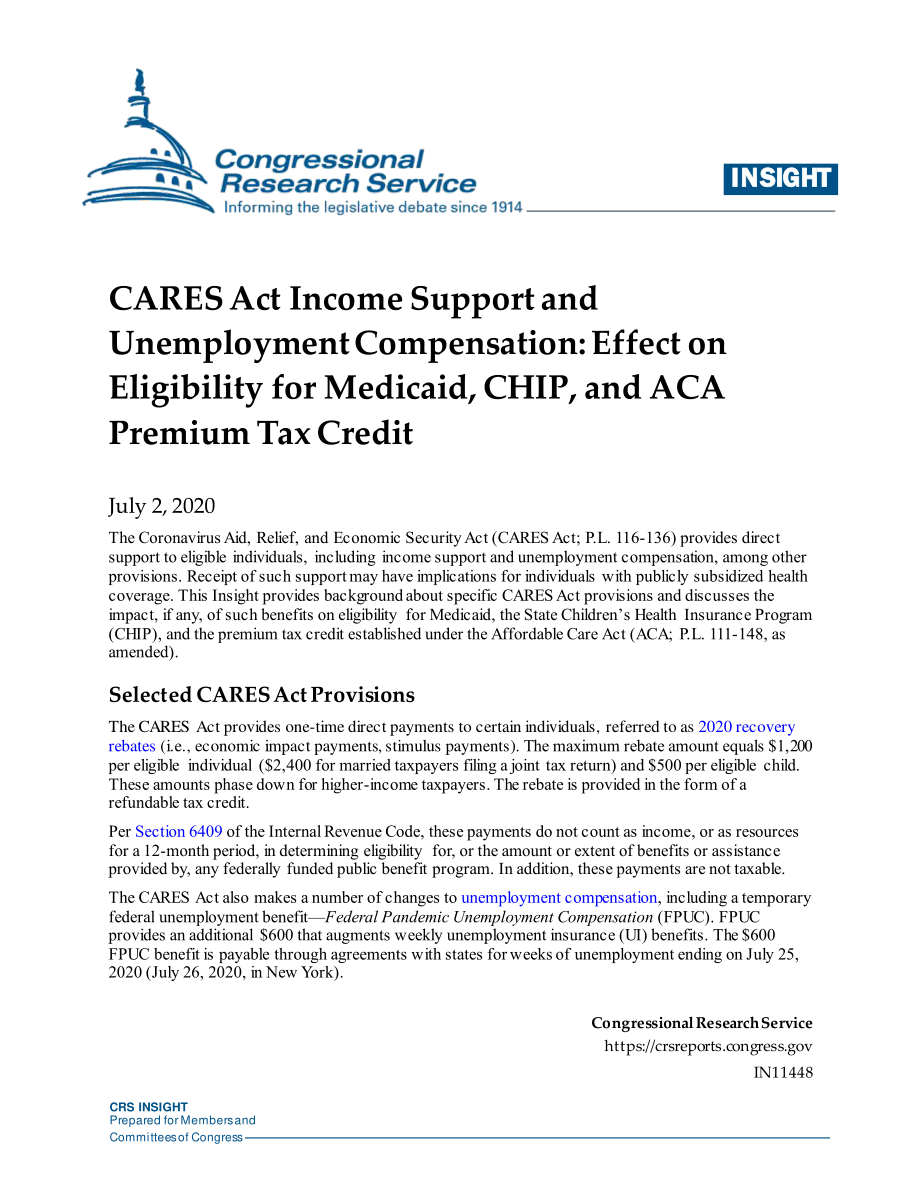 [20200702]IN11448_《关爱法案》收入支持和失业补偿：对Medicaid、CHIP和ACA保费税收抵免资格的影响.pdf_第1页