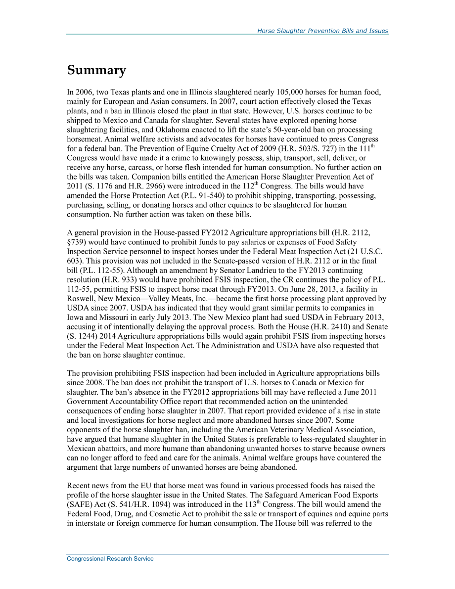 [20130628]RS21842_防止马匹屠宰法案和问题.pdf_第2页
