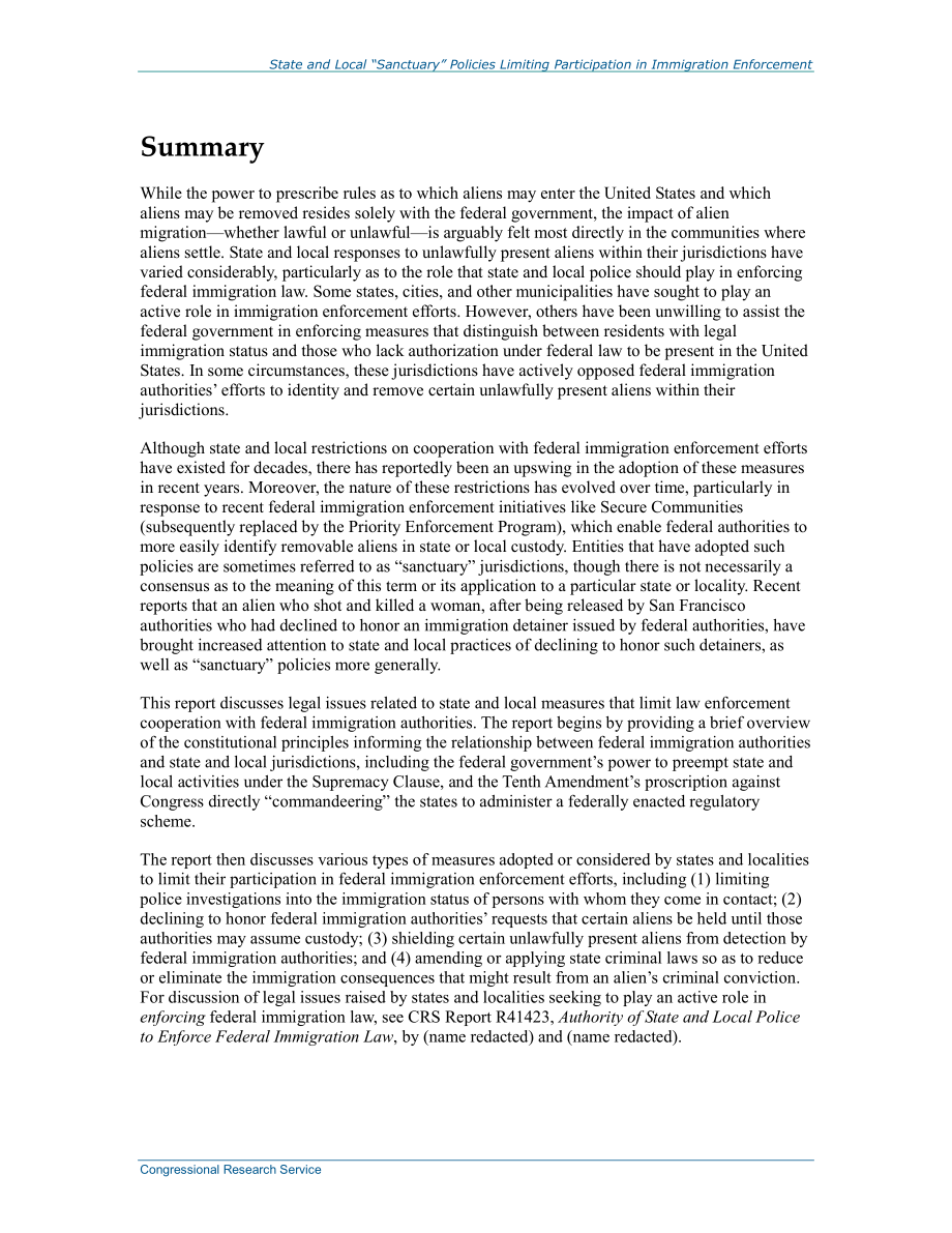 [20150710]R43457_限制参与移民执法的州和地方“避难所”政策.pdf_第2页