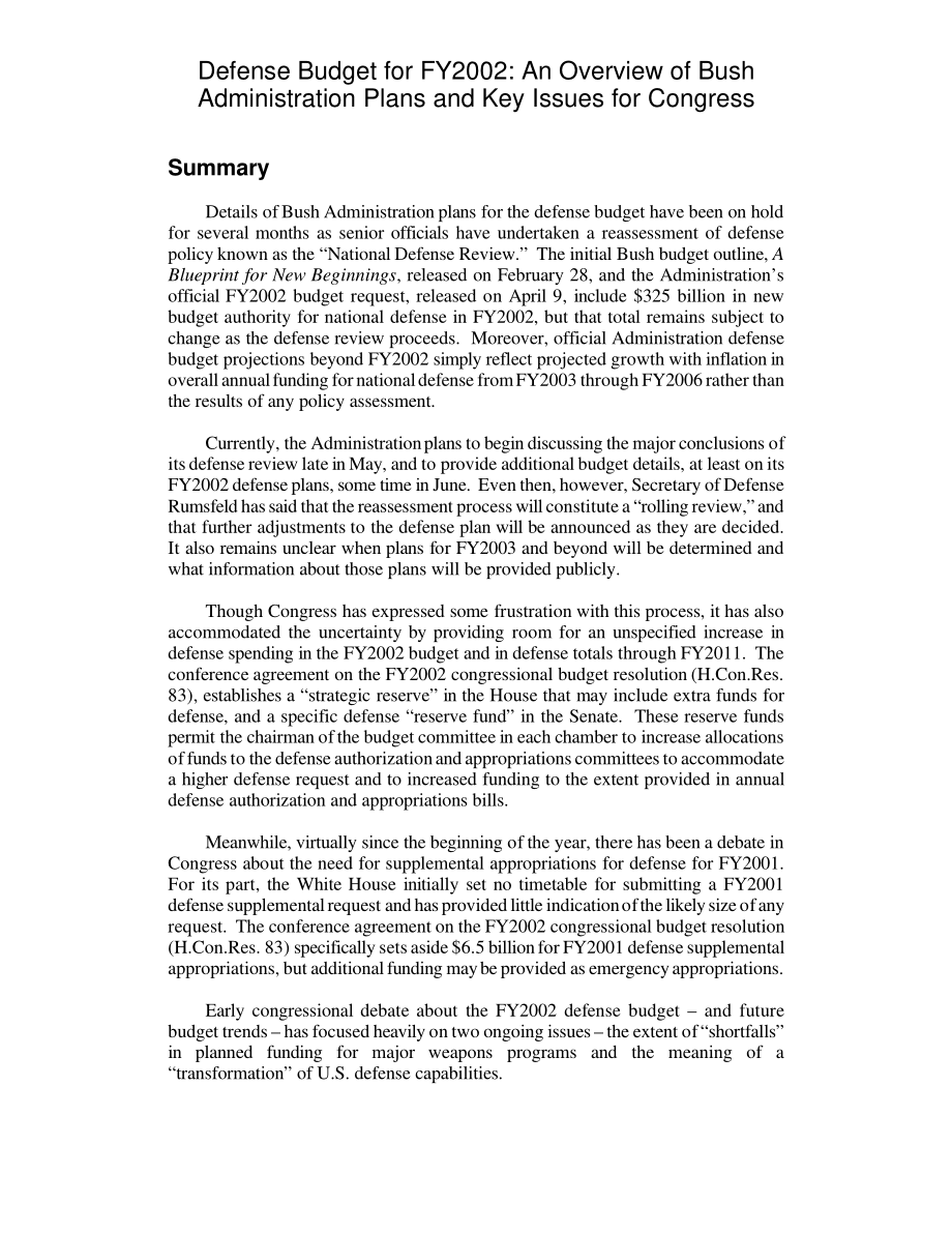 [20010522]RL30977_2002财年国防预算：布什政府计划和国会关键问题概述.pdf_第2页