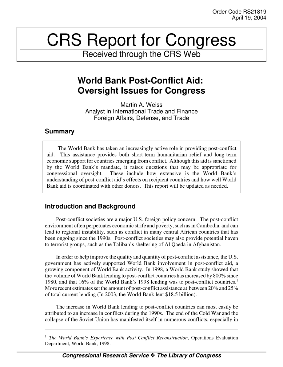[20040419]RS21819_世界银行冲突后援助：国会的监督问题.pdf_第1页