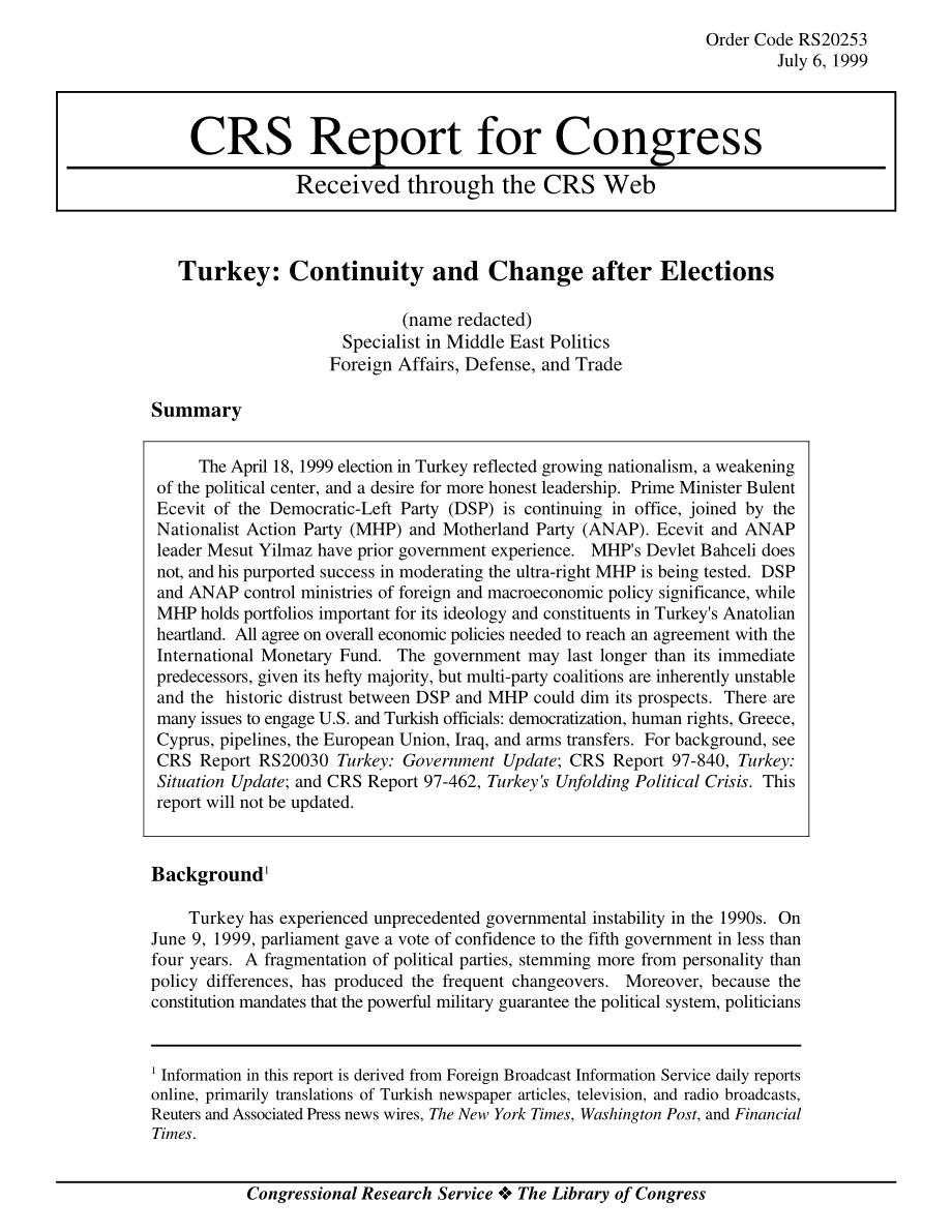 [19990706]RS20253_土耳其：选举后的连续性和变化.pdf_第1页