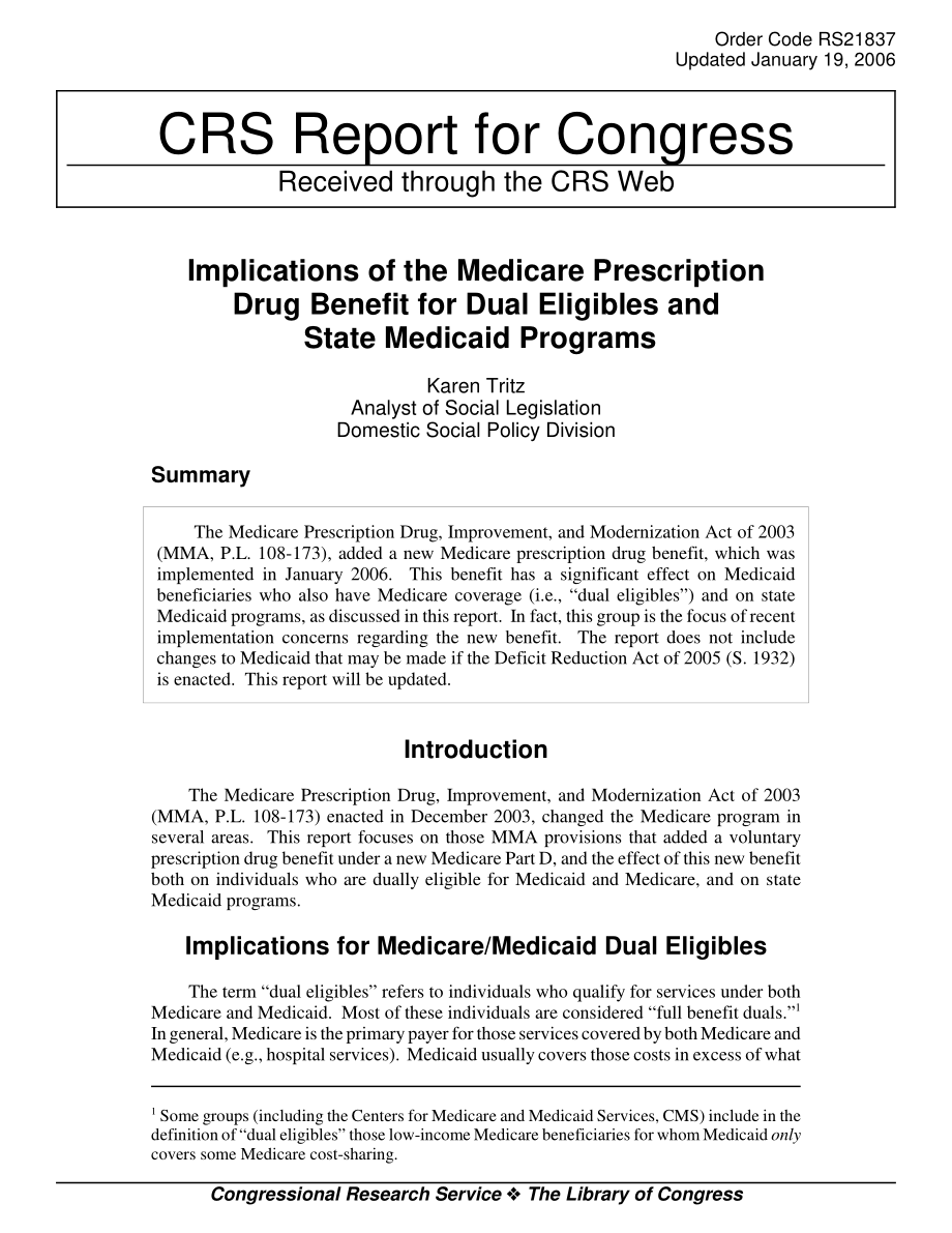 [20060119]RS21837_医疗保险处方药福利对双优生和州医疗补助计划的影响.pdf_第1页
