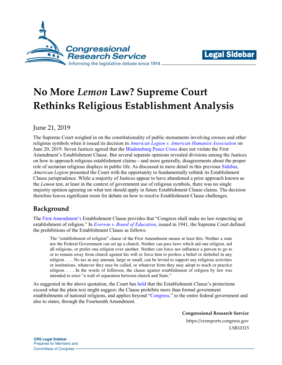 [20190621]LSB10315_没有柠檬定律了？最高法院反思宗教机构分析.pdf_第1页