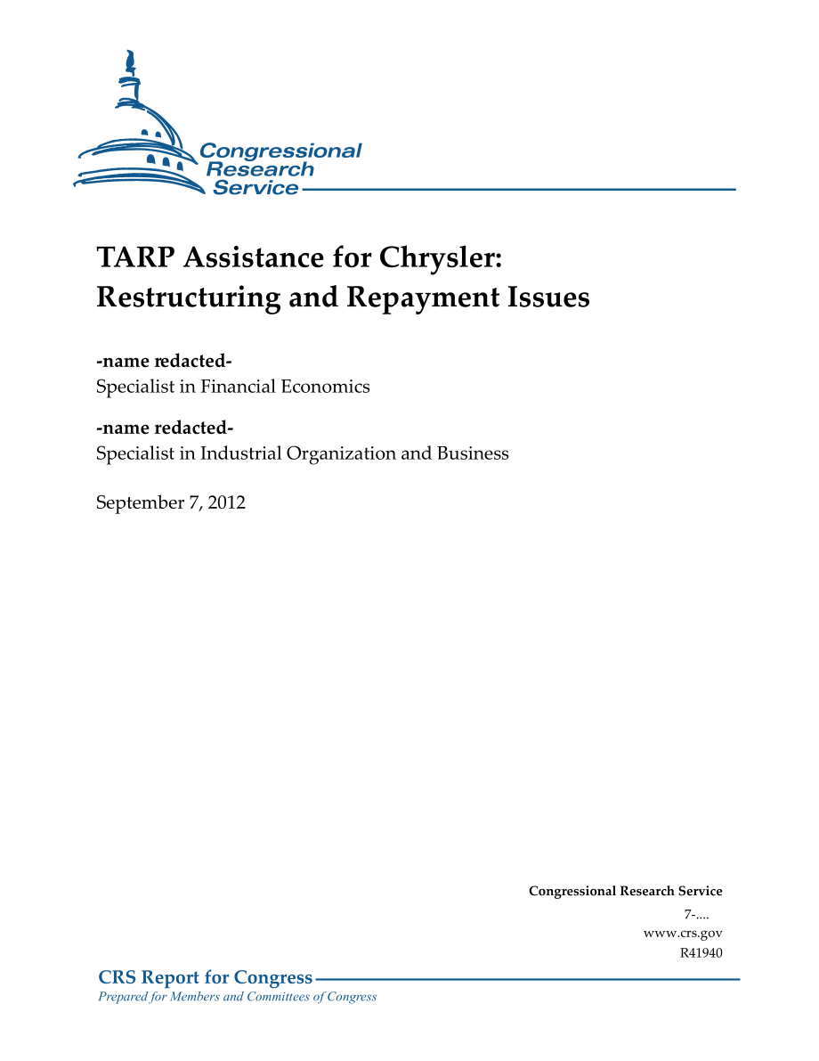 [20120907]R41940_克莱斯勒TARP援助：重组和还款问题.pdf_第1页