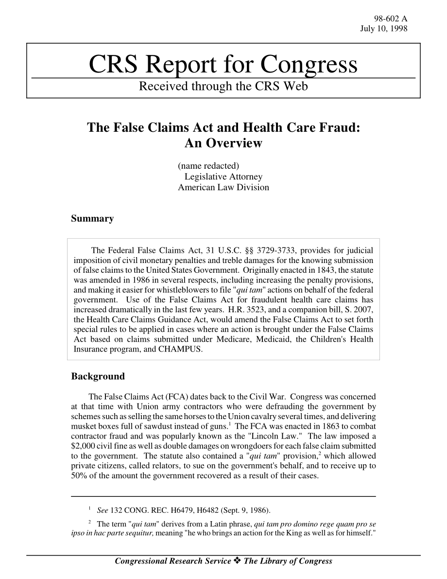 [19980710]98-602_《虚假索赔法》和医疗欺诈：概述.pdf_第1页
