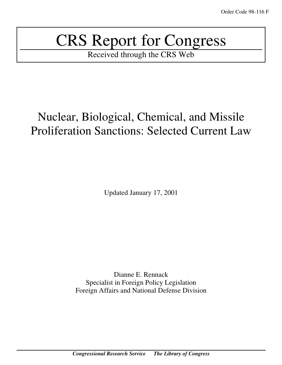 [20010117]98-116F_核、生物、化学和导弹扩散制裁：选定的当前法律.pdf_第1页