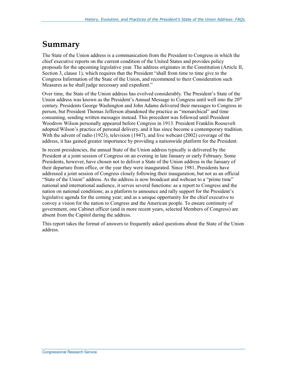 [20220228]R44770_总统国情咨文演讲的历史、演变和实践：常见问题解答.pdf_第2页