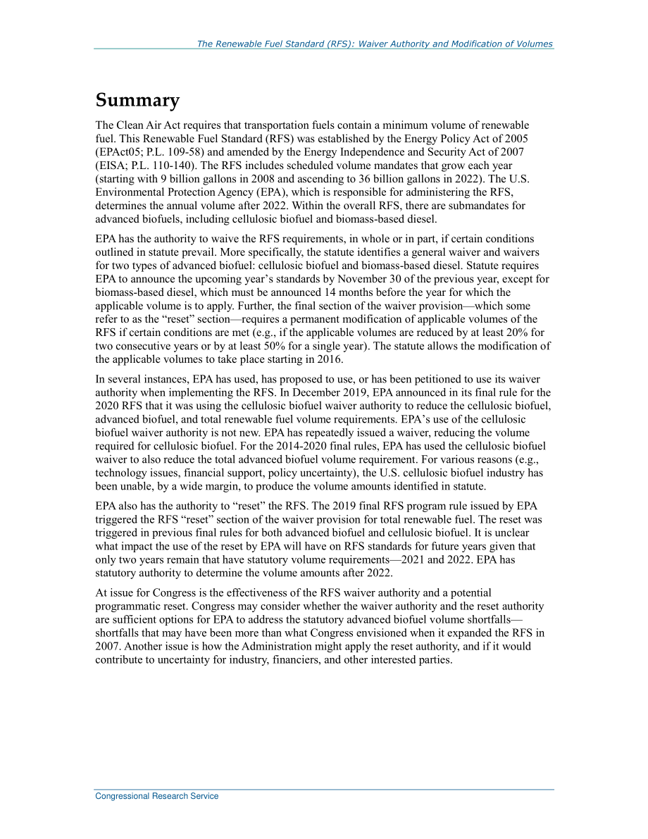 [20200803]R44045_可再生燃料标准（RFS）：豁免权限和卷的修改.pdf_第2页