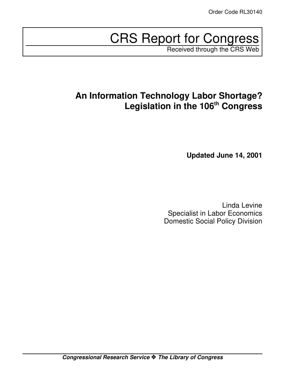 [20010614]RL30140_信息技术劳动力短缺？第106届国会的立法.pdf_第1页