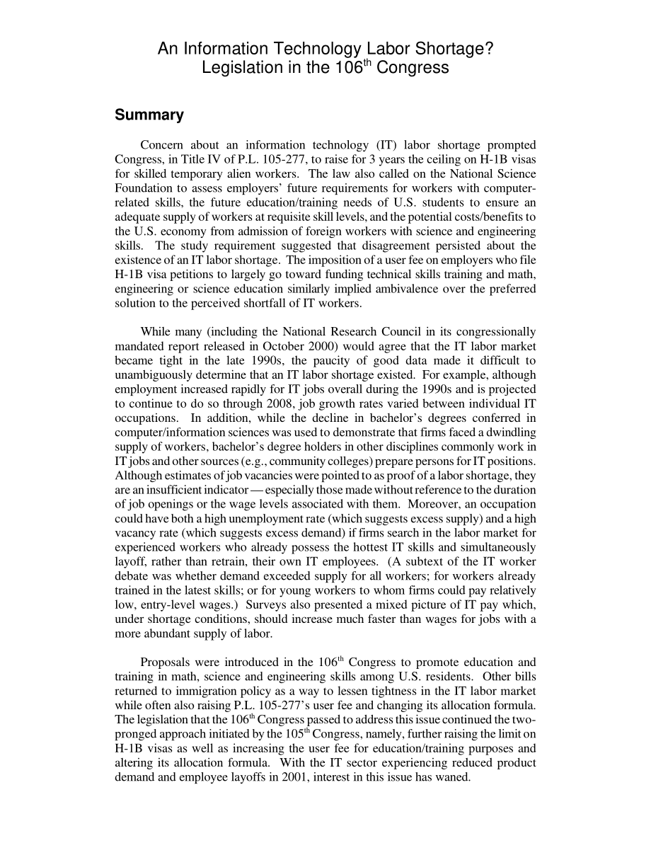 [20010614]RL30140_信息技术劳动力短缺？第106届国会的立法.pdf_第2页