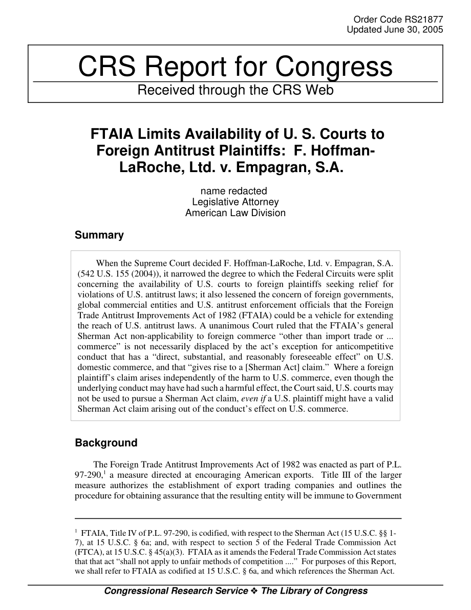 [20050630]RS21877_FTIA限制了美国法院对外国反托拉斯原告的可用性：F、 Hoffman LaRoche有限公司诉美国Empagran.pdf_第1页