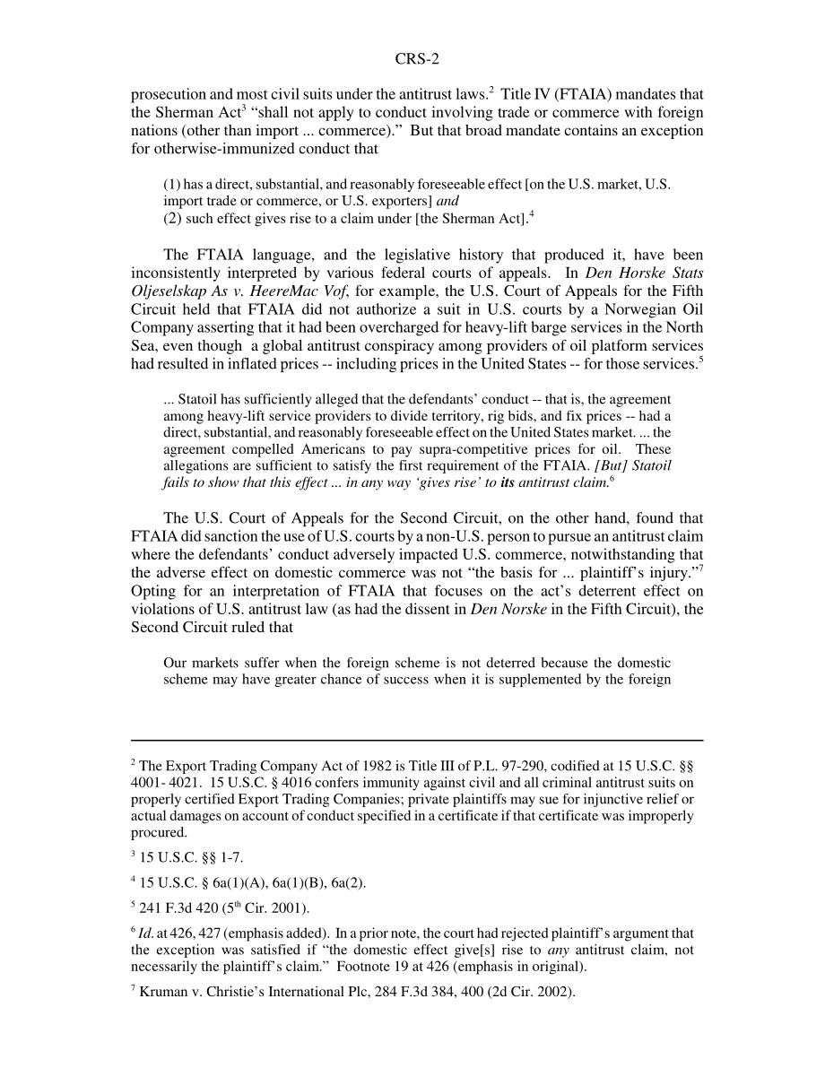 [20050630]RS21877_FTIA限制了美国法院对外国反托拉斯原告的可用性：F、 Hoffman LaRoche有限公司诉美国Empagran.pdf_第2页