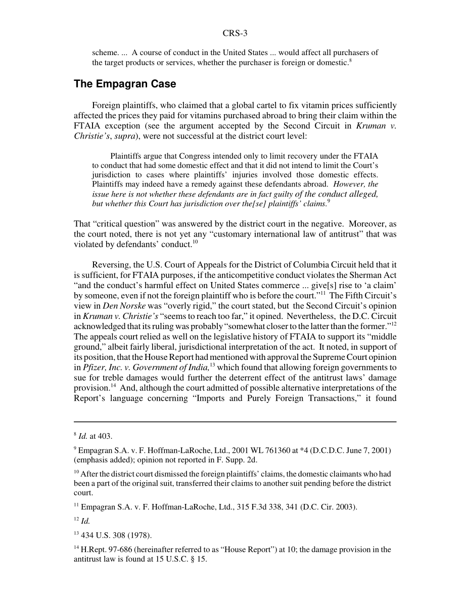 [20050630]RS21877_FTIA限制了美国法院对外国反托拉斯原告的可用性：F、 Hoffman LaRoche有限公司诉美国Empagran.pdf_第3页