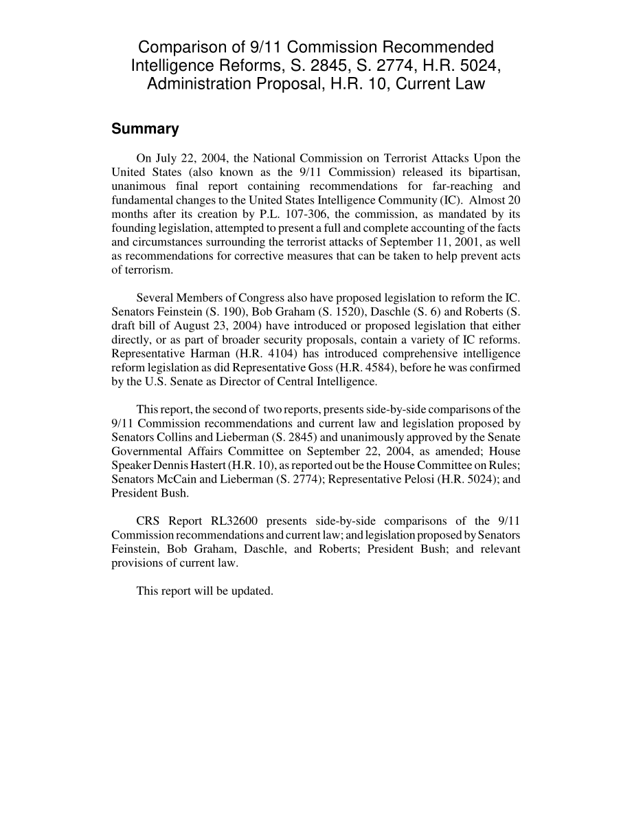 [20041006]RL32601_《9·11委员会建议的情报改革比较》S.2845S.2774H.R.5024管理建议书H.R.10现行法律.pdf_第2页
