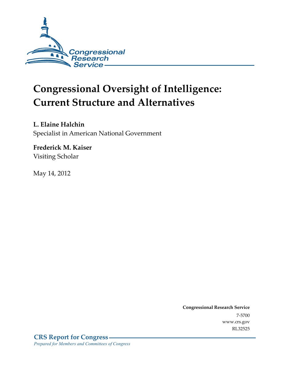 [20120514]RL32525_国会情报监督：当前结构和备选方案.pdf_第1页