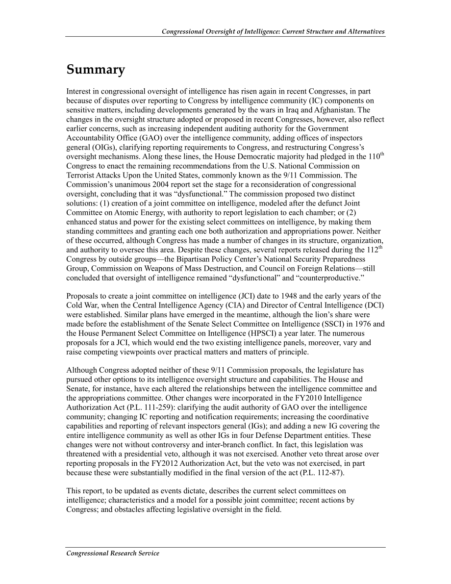 [20120514]RL32525_国会情报监督：当前结构和备选方案.pdf_第2页