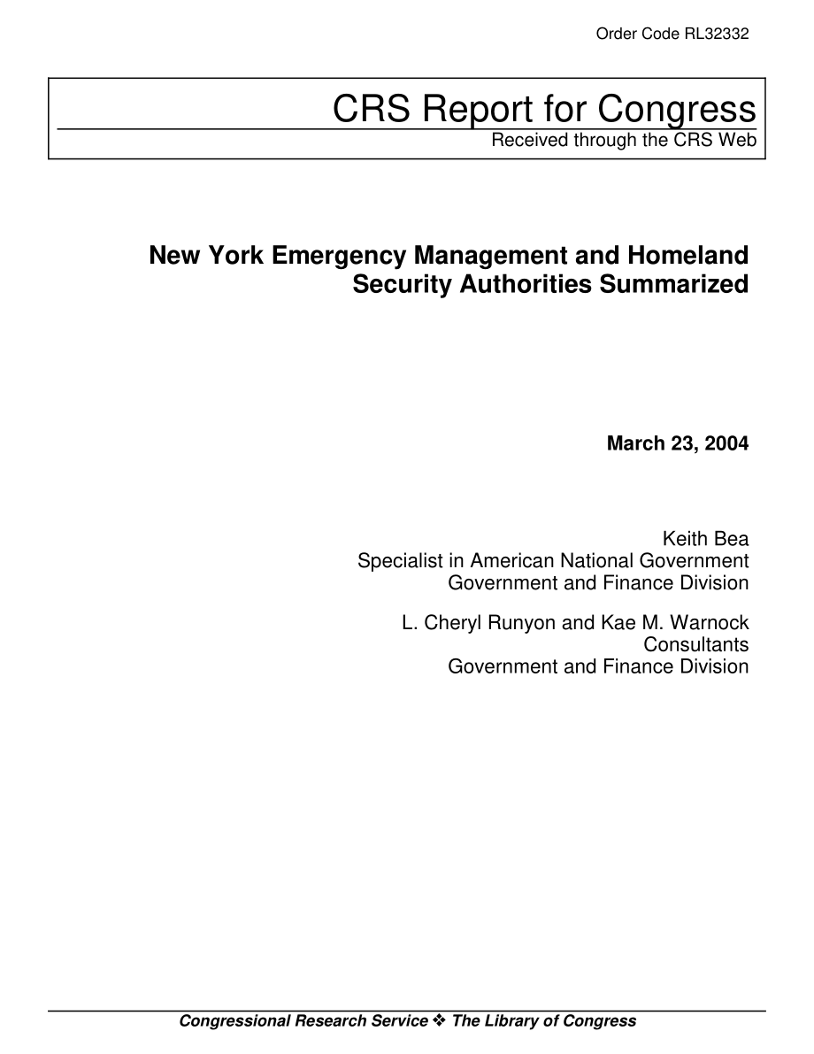 [20040323]RL32332_纽约应急管理和国土安全局总结.pdf_第1页