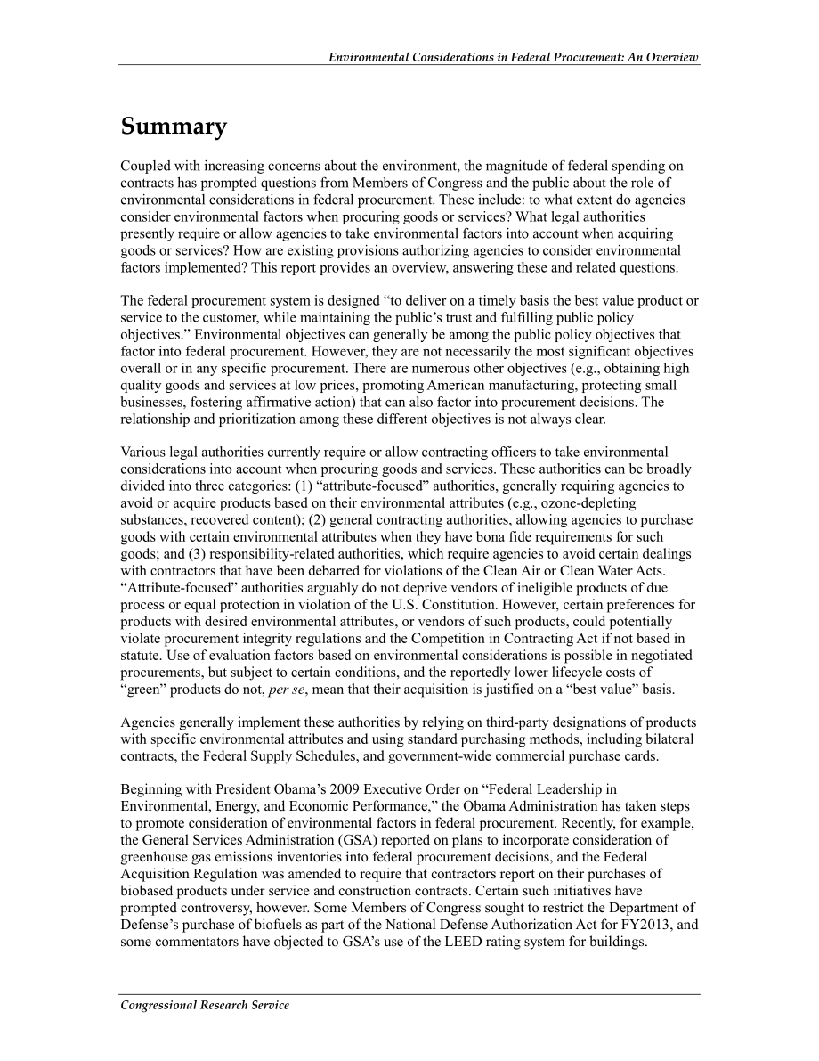 [20130107]R41297_联邦采购中的环境考虑：法律授权及其实施概述.pdf_第2页
