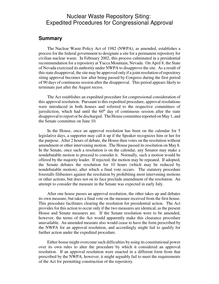[20020705]RL31135_核废物处置库选址：国会批准的快速程序.pdf_第2页