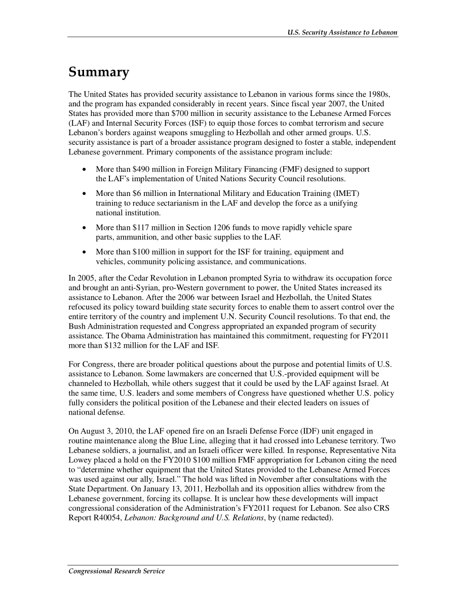 [20110119]R40485_美国对黎巴嫩的安全援助.pdf_第2页