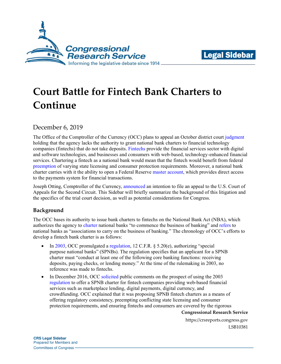 [20191206]LSB10381_Fintech银行章程的法庭争夺战将继续.pdf_第1页