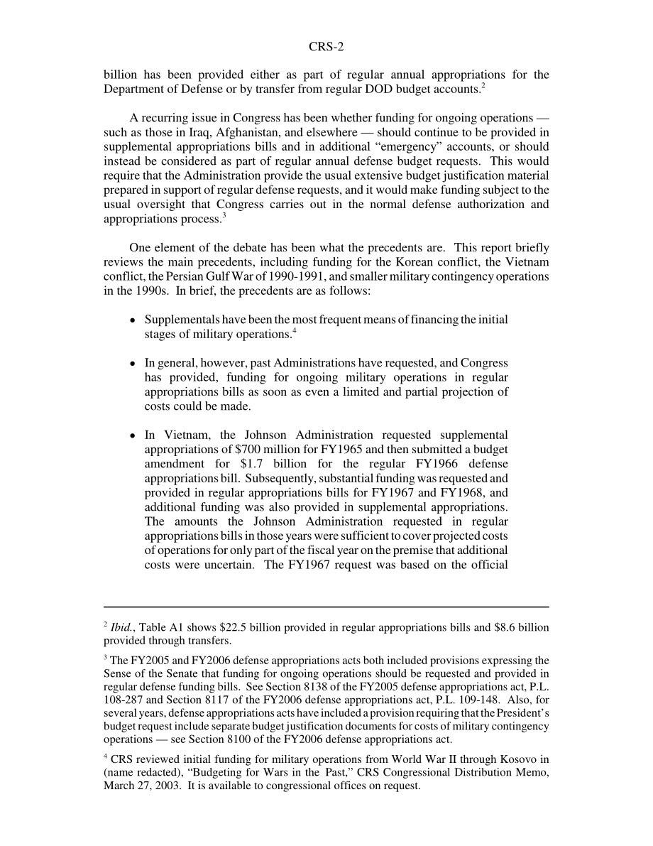 [20060613]RS22455_军事行动：在经常拨款法案或补充拨款法案中为应急行动提供资金的先例.pdf_第2页