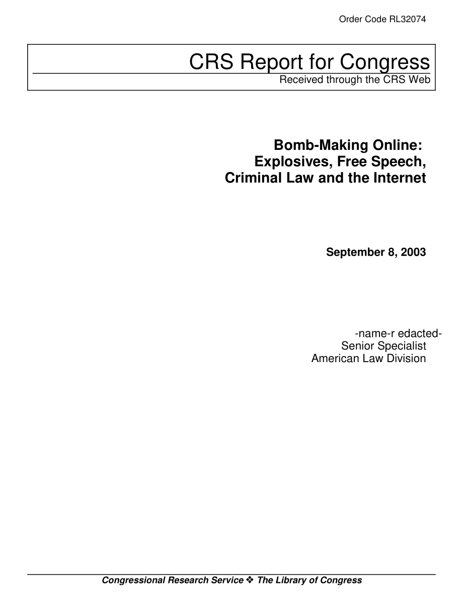 [20030908]RL32074_在线制作炸弹：爆炸物、言论自由、刑法和互联网.pdf_第1页