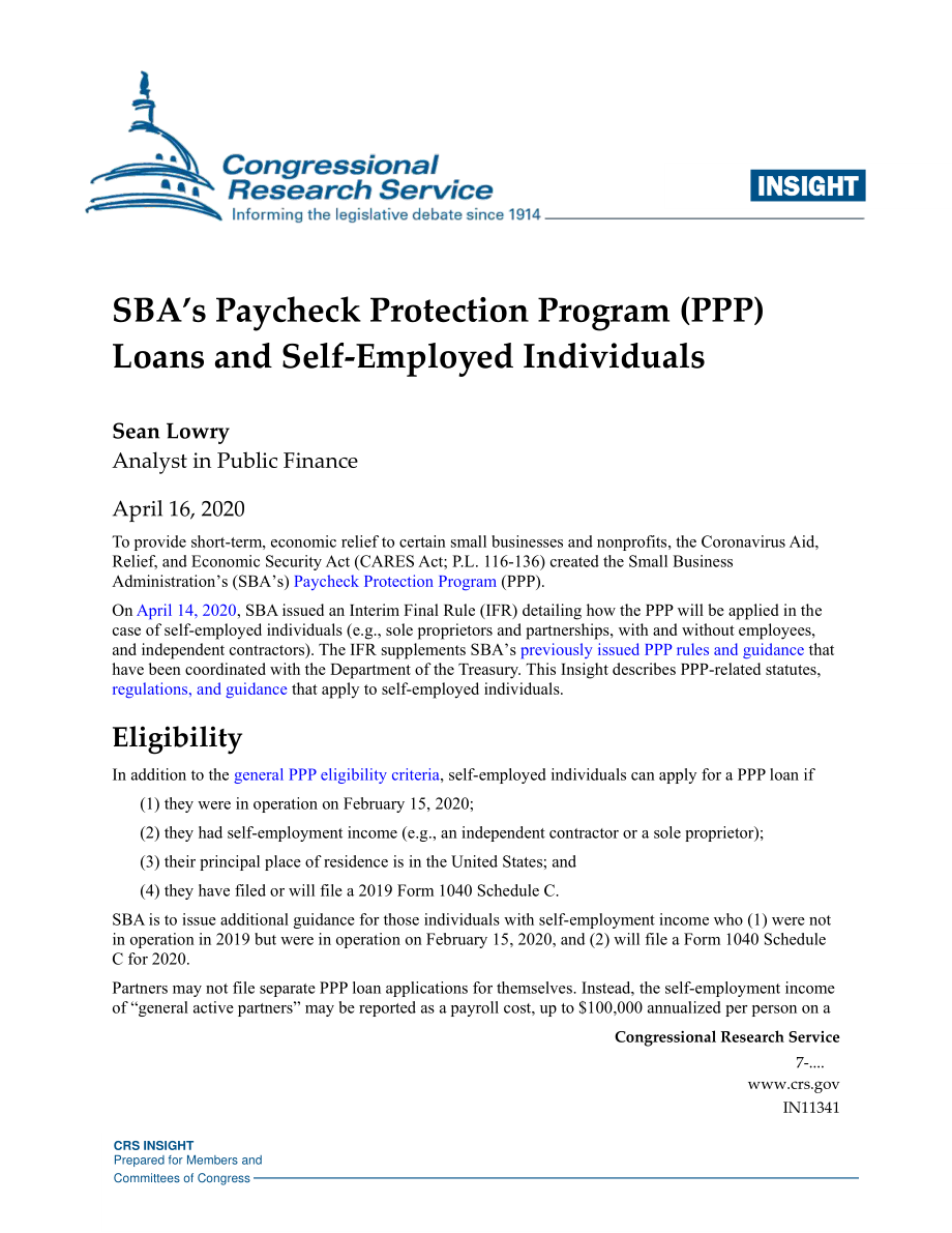 [20200416]IN11341_SBA的工资保障计划（PPP）贷款和个体经营者 .pdf_第1页