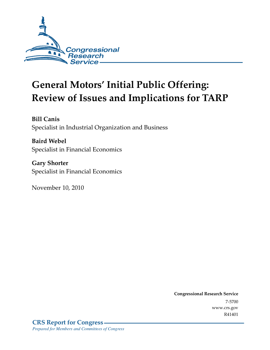 [20101110]R41401_通用汽车首次公开募股：审查TARP的问题和影响.pdf_第1页