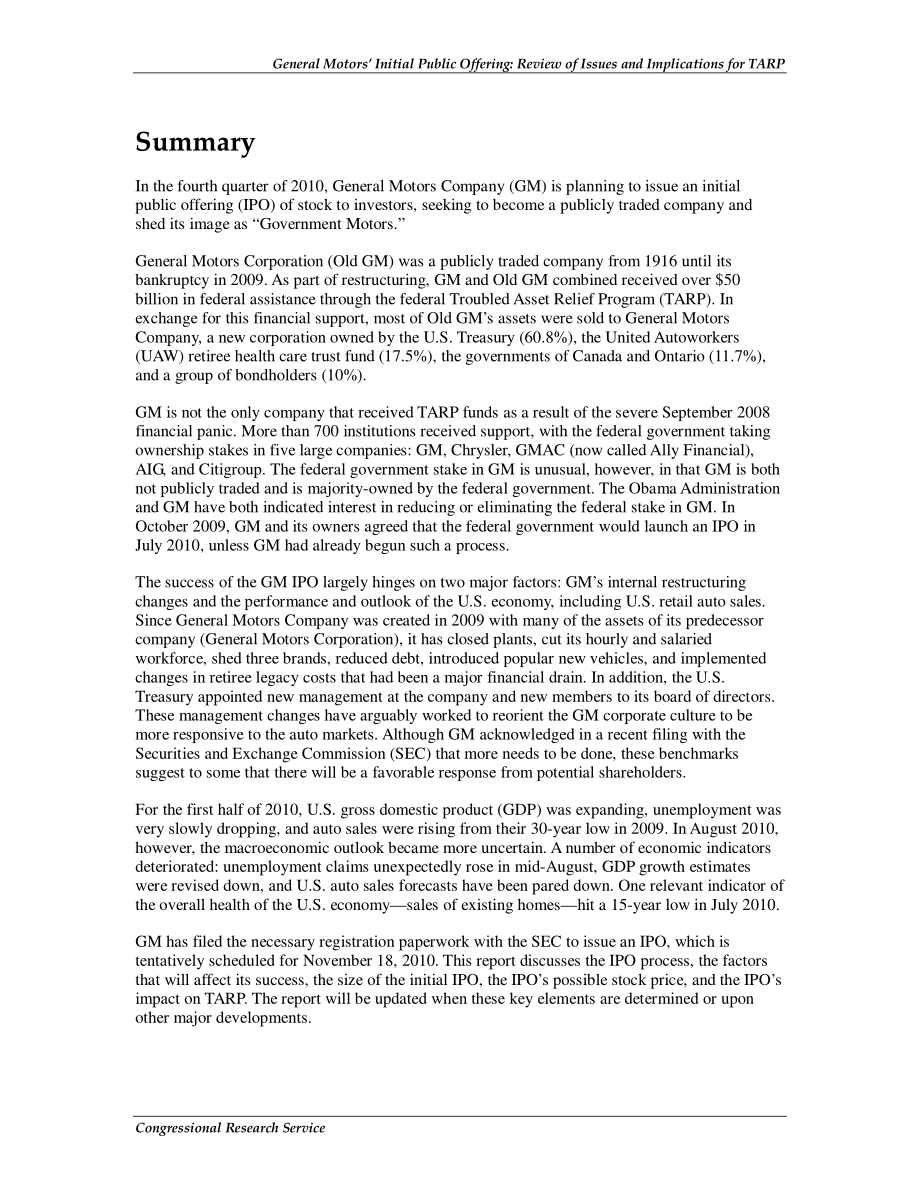 [20101110]R41401_通用汽车首次公开募股：审查TARP的问题和影响.pdf_第2页