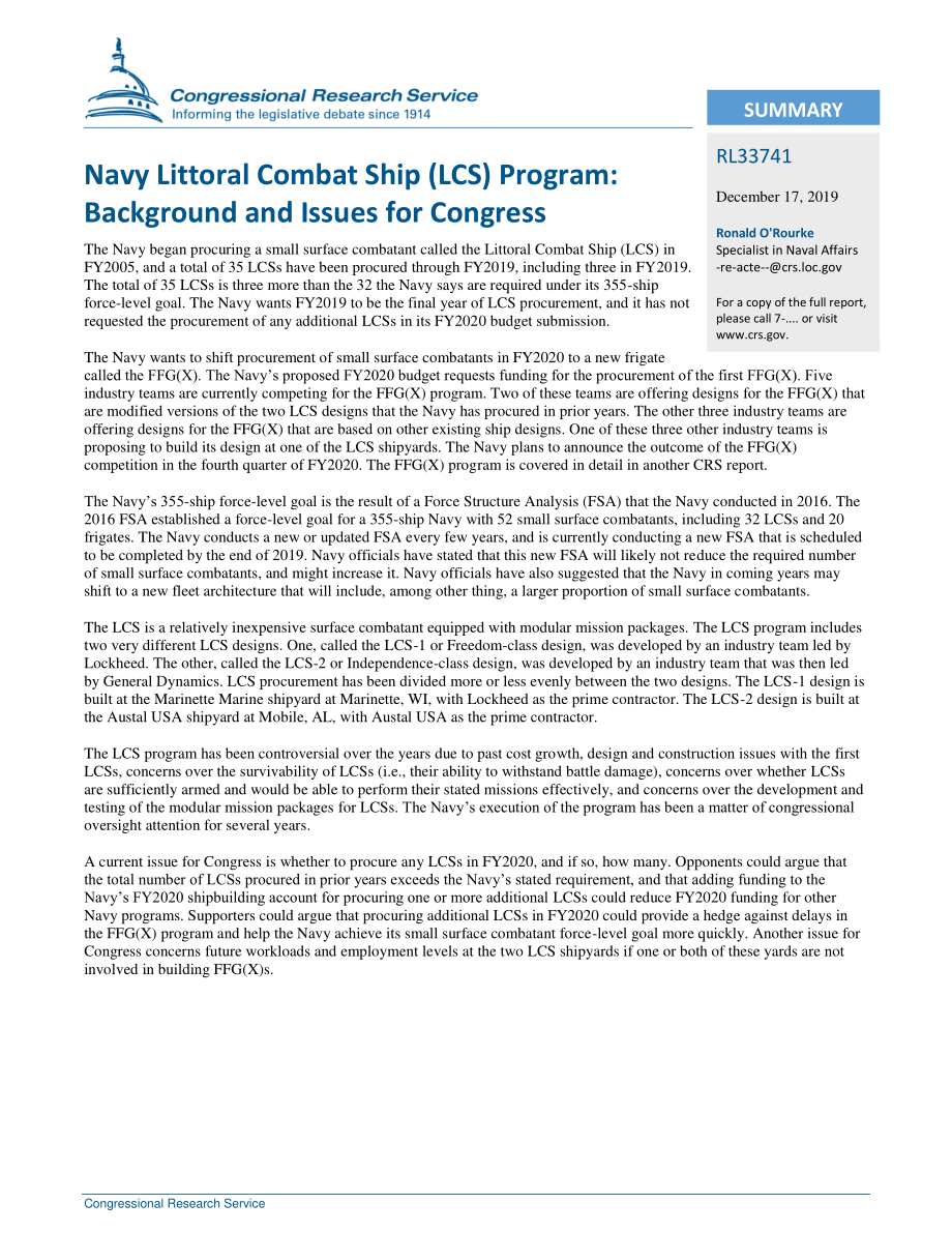 [20191217]RL33741_海军沿海战斗舰（LCS）计划：国会背景和议题.pdf_第2页