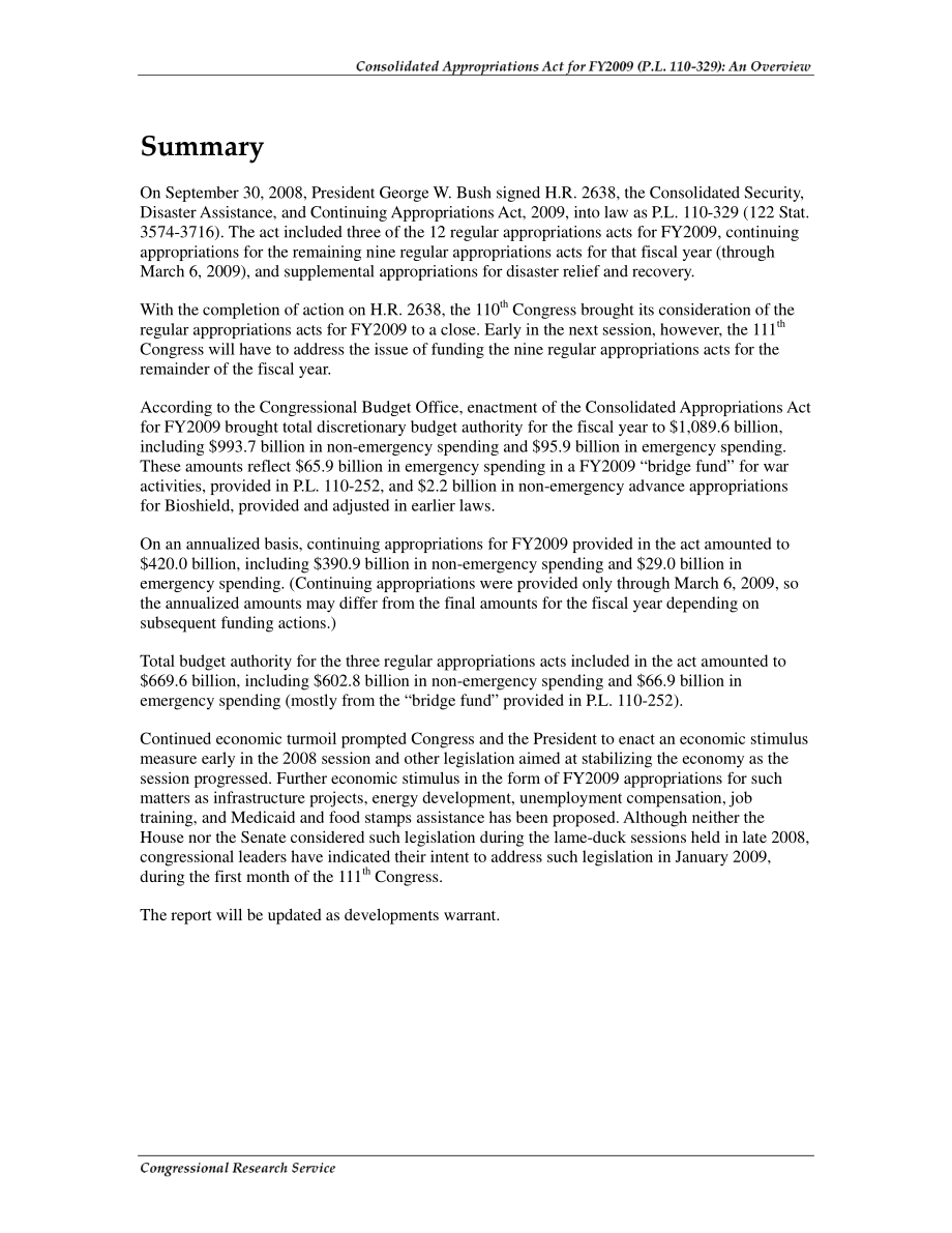 [20081215]RL34711_2009财年综合拨款法案（P.L.110-329) 概述.pdf_第2页