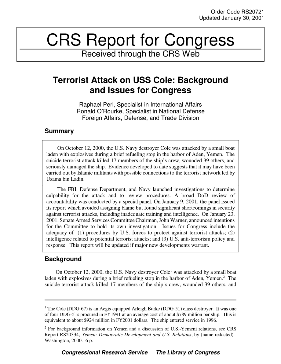 [20010130]RS20721_科尔号航空母舰遭受恐怖袭击：国会背景和议题.pdf_第1页
