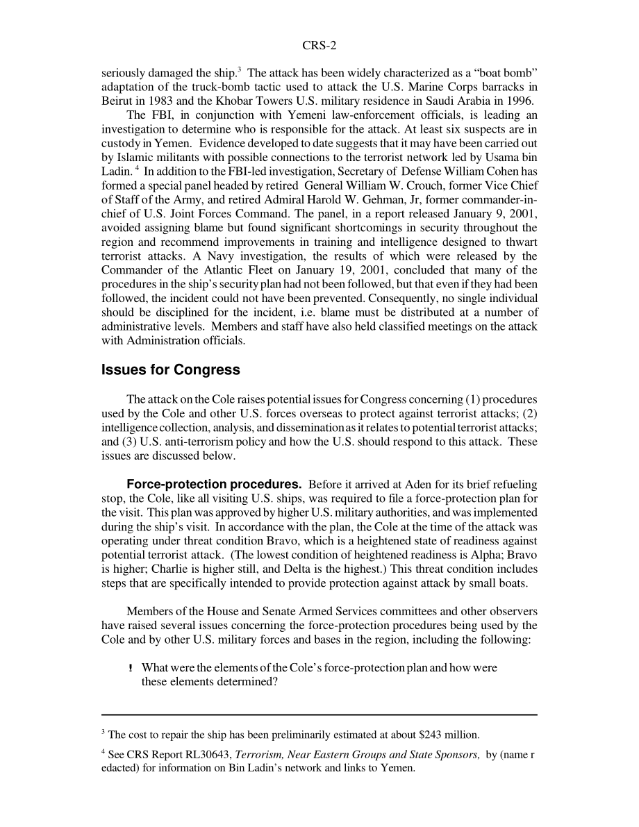 [20010130]RS20721_科尔号航空母舰遭受恐怖袭击：国会背景和议题.pdf_第2页