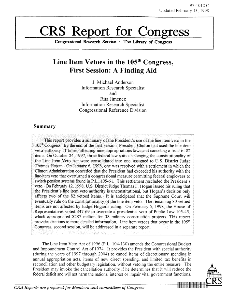 [19980213]97-1012C_第105届国会第一届会议的单项否决：寻找帮助.pdf_第1页