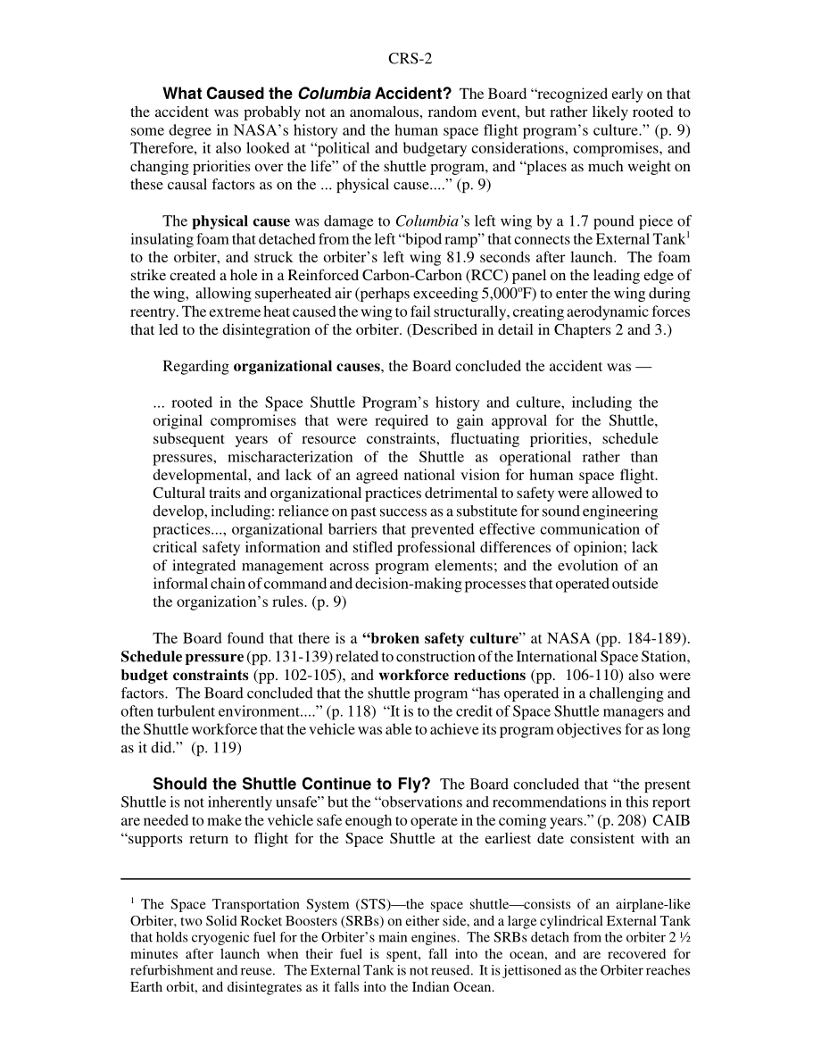 [20030902]RS21606_NASA哥伦比亚号航天飞机：哥伦比亚事故调查委员会报告摘要.pdf_第2页