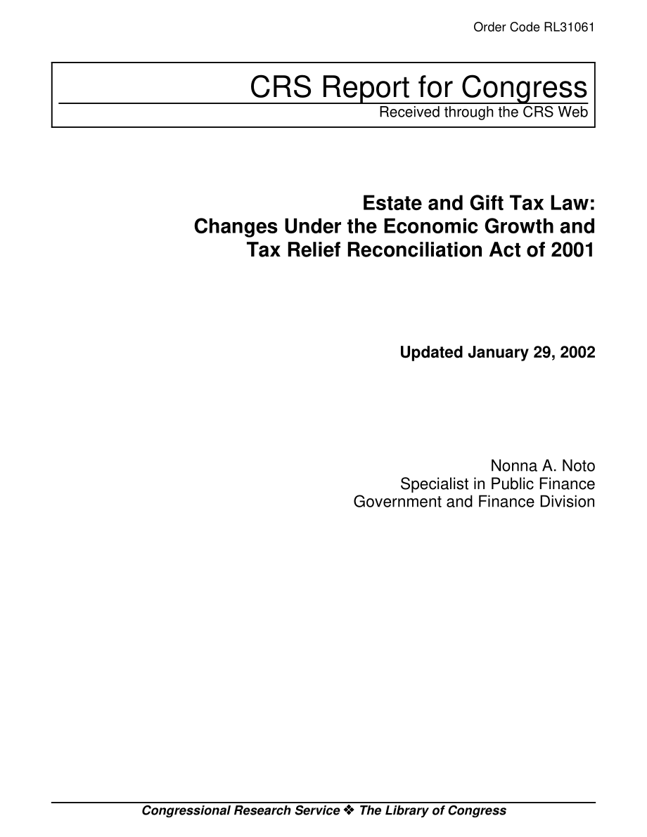 [20020129]RL31061_遗产和赠与税法：2001年《经济增长和税收减免和解法》下的变化.pdf_第1页