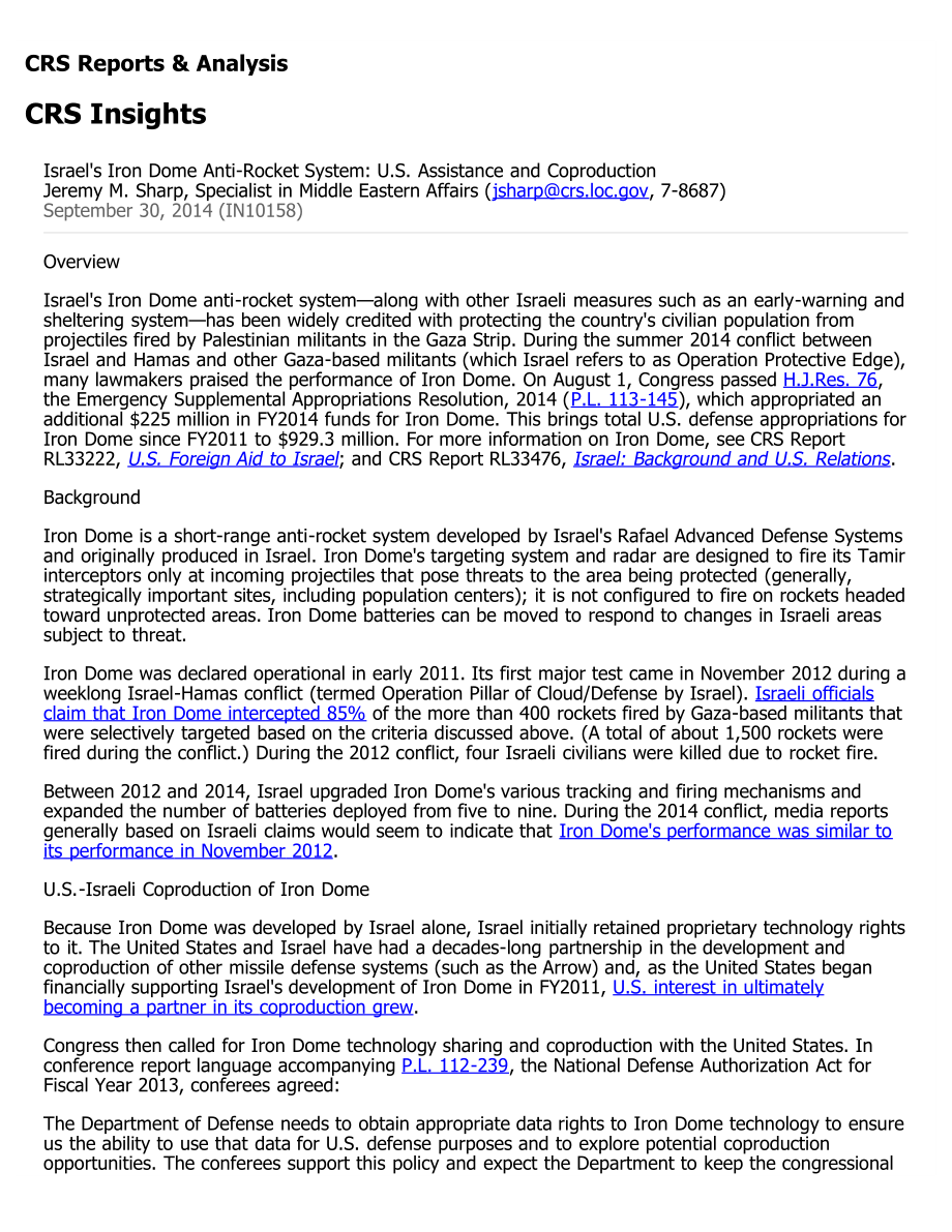 [20140930]IN10158_以色列铁穹反火箭系统：美国援助和联合生产.pdf_第1页