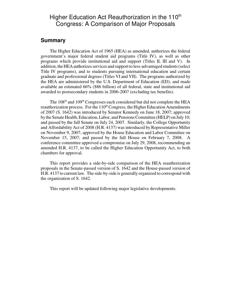 [20080730]RL34283_《高等教育法》在第110届国会重新授权：主要提案的比较.pdf_第2页
