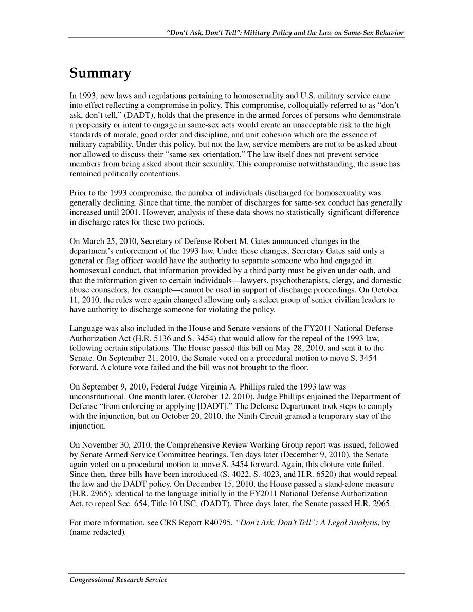 [20101220]R40782_“不问不说”：军事政策和同性行为法.pdf_第2页