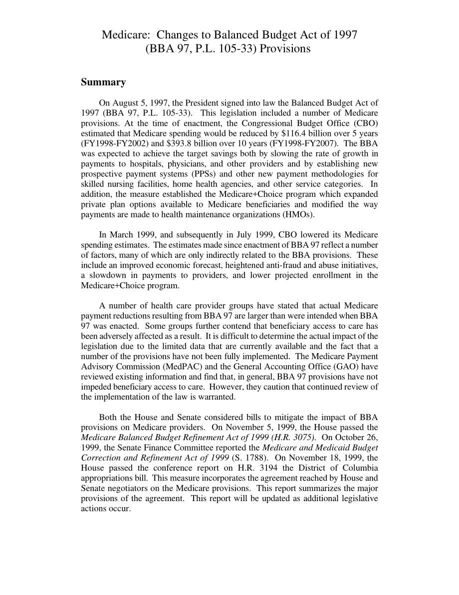 [19991119]RL30347_医疗保险： Changes to Balanced Budget Act of 1997 (BBA 97, P.L. 105-33) Provisions.pdf_第2页